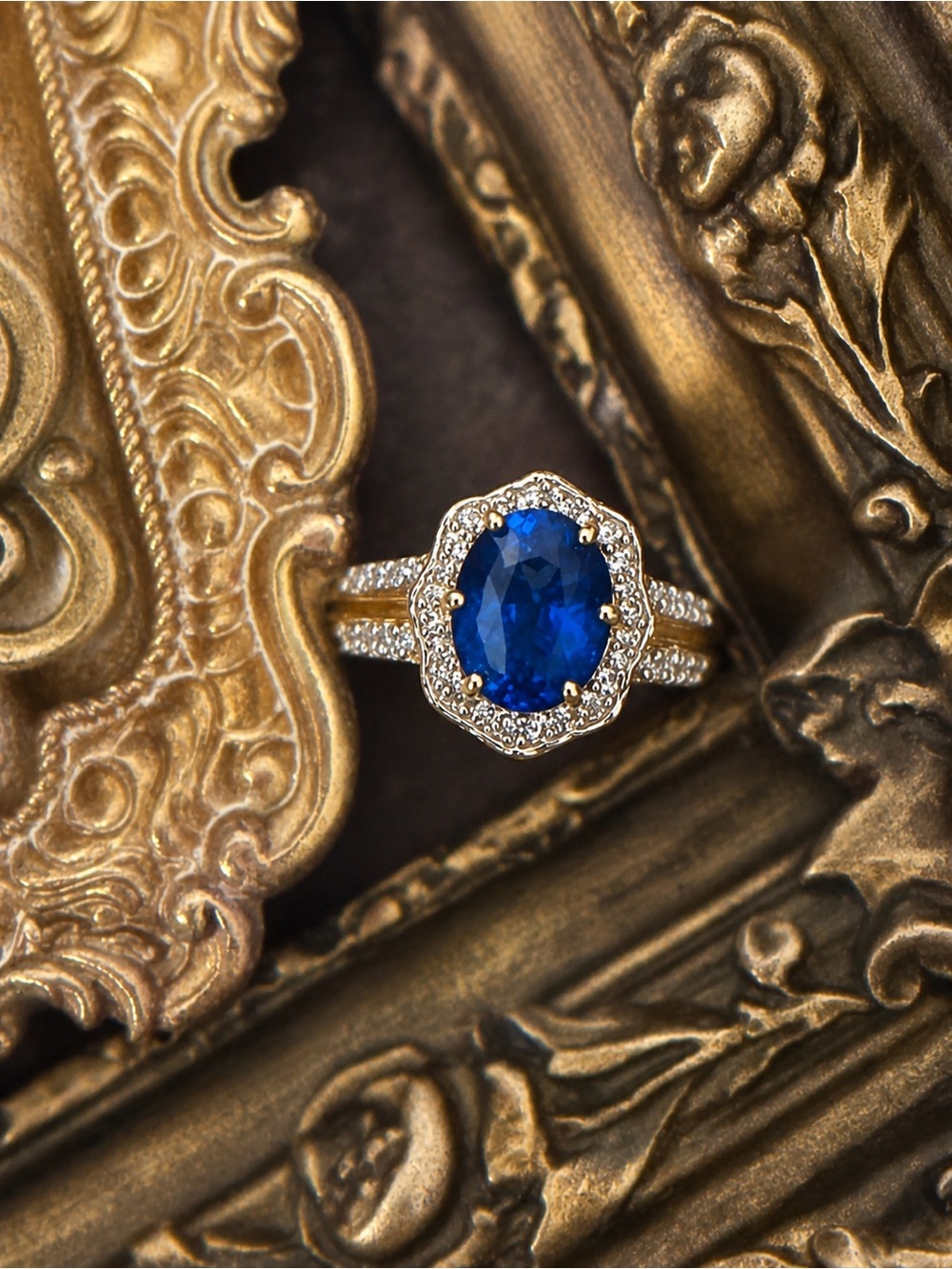 MACY’S • Gold 925 Vermeil Halo Crystal Sapphire Estate Ring - Picture 9 of 9